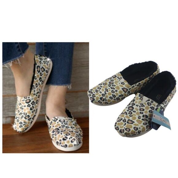 TOMS Alpargata Women Size 7 Natural Gold Glitter Cheetah Slip On Fuax Fur Flats - Picture 1 of 10